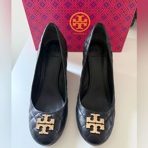 Never-Worn: Tory Burch Black Quilted Wedges with Gold Hardware
